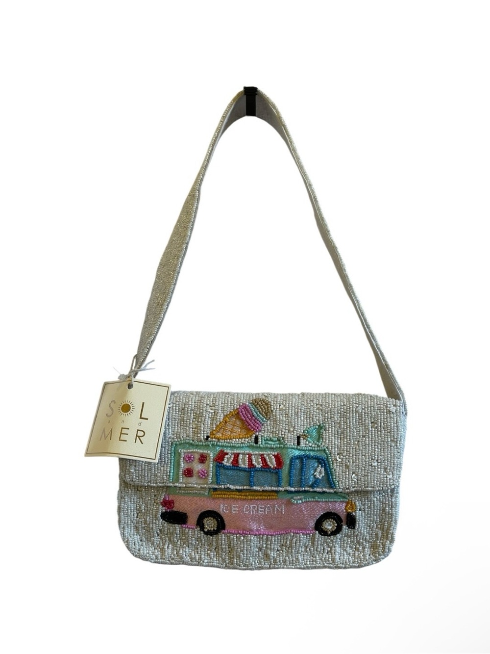 Sol & Mer White Beaded Ice Cream Truck Shoulder Bag - NWT **